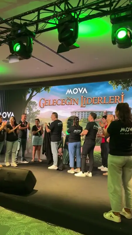 Geleceğin Liderleri yazılı dev ekranın önünde sahnede alkışlayan takımlar