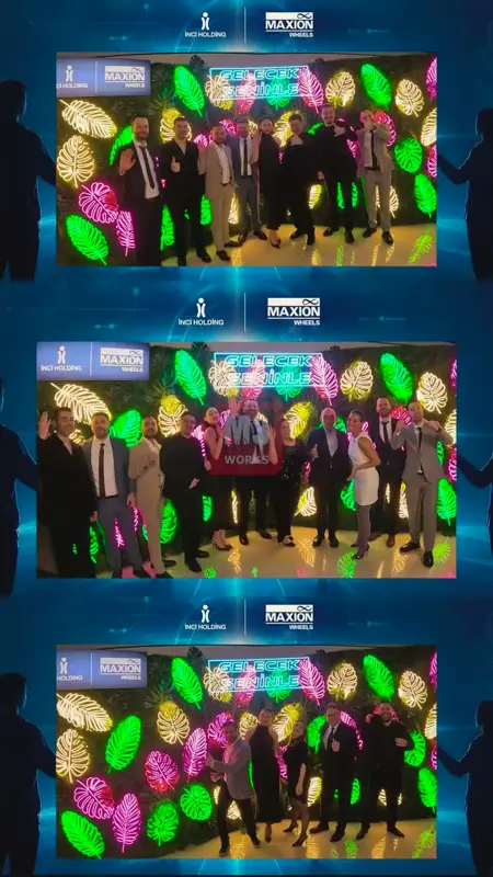 Logolu çerçeve içinde neon duvar önünde çekilmiş üç ayrı grup videosu karesi