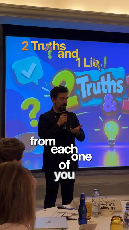Otel salonunda sahnede mikrofonla konuşan sunucu ve arkasında 2 Truths and 1 Lie oyun ekranı
